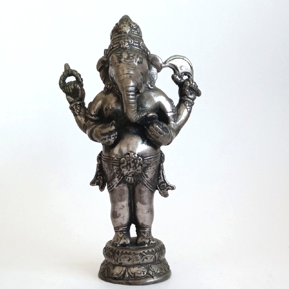 Antique Other - Antique Pewter Bronzed Brass Aged Silver Ganesh Statue 9" Tall